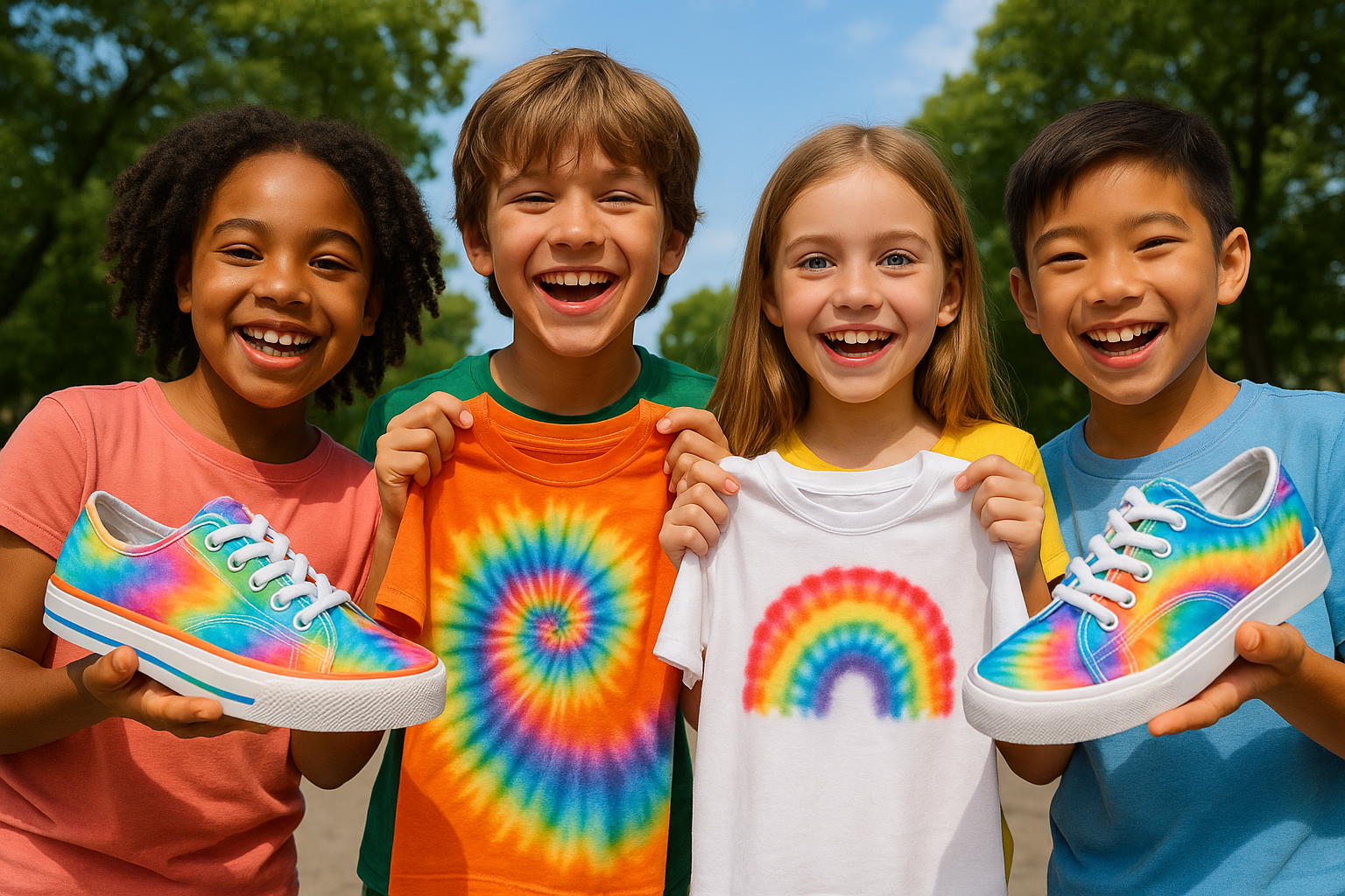 kids holding up custom product like shoe, shirts