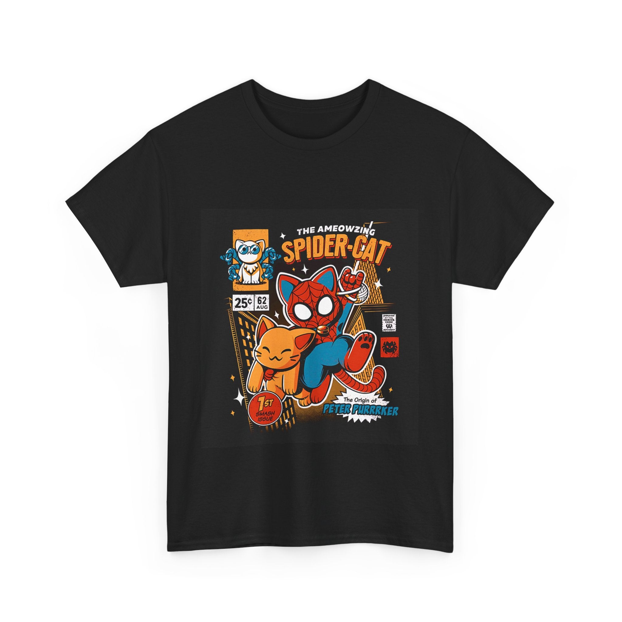 Retro Spider Cat Unisex Heavy Cotton Tee – Perfect for Cat Lovers and Comic Fans